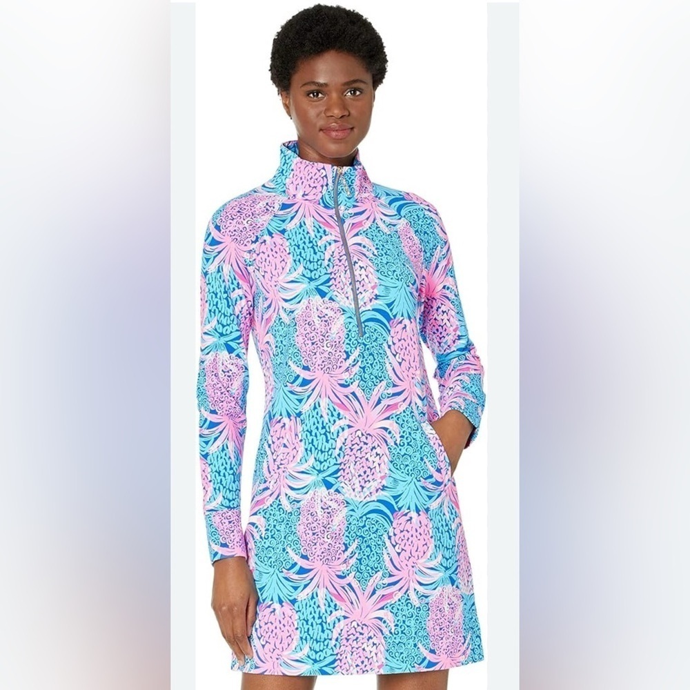 Lilly Pulitzer Blue and Pink Swim Coverup with Zipper and Mock Neck Size Small